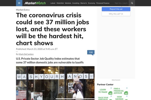 MarketWatch: JQI Estimates Coronavirus Could Cost 37M U.S. Jobs (3/23/20)